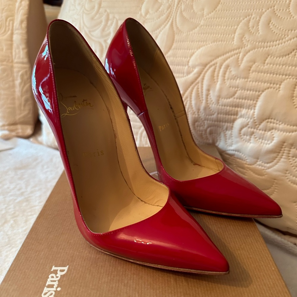 CHRISTIAN LOUBOUTIN SO KATE 120 RED PATENT LEATHER PUMP! AUTHENTIC! 37.5 (7 1/2)